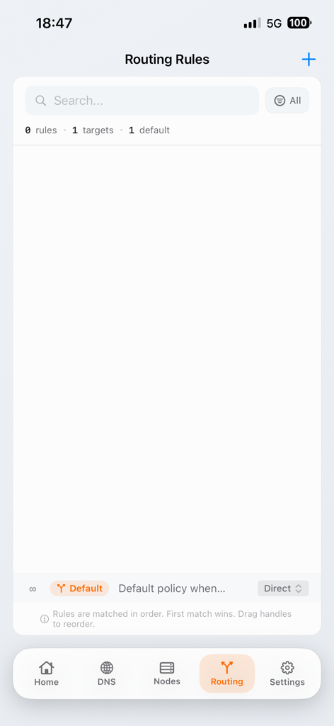 Interface do aplicativo Orange Network para gerenciar regras de roteamento inteligente e filtros de tráfego de rede