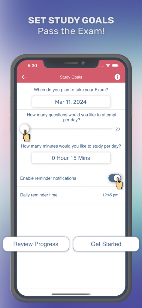 Écran des objectifs d'étude et des paramètres de date d'examen de l'application Saunders NCLEX-PN