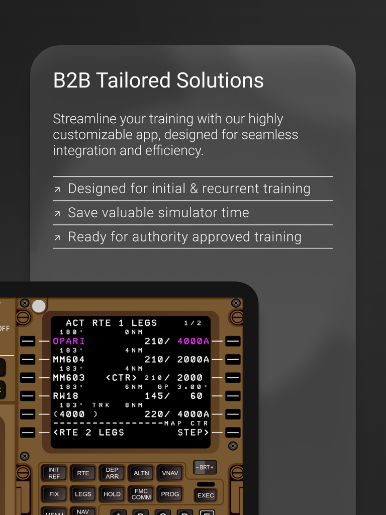 B747 FMS Trainer PRO - B747 FMS Trainer PRO interface showing B2B pilot training features and CDU legs page
