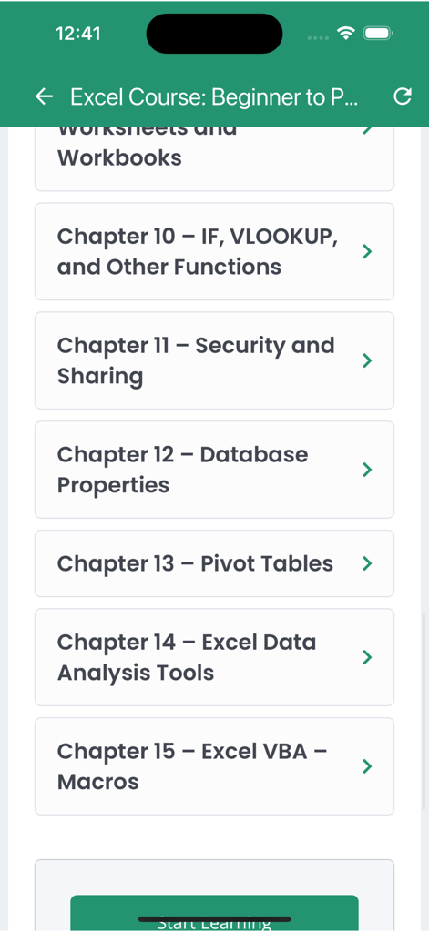 A list of advanced Excel course chapters including VLOOKUP Pivot Tables and Macros