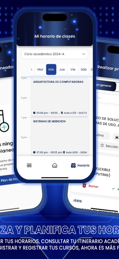 LEO UdeG - A mobile screen from the LEO UdeG app displaying a student weekly class schedule with specific course names and times