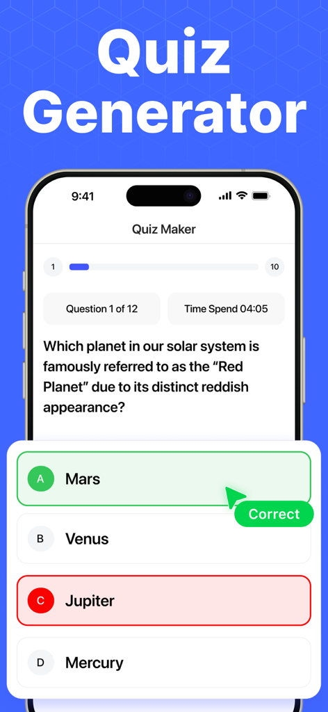 Quiz Maker and AI Flashcards - Quiz Maker 앱의 인터페이스에 태양계에 대한 객관식 질문과 정답이 강조 표시된 화면 표시