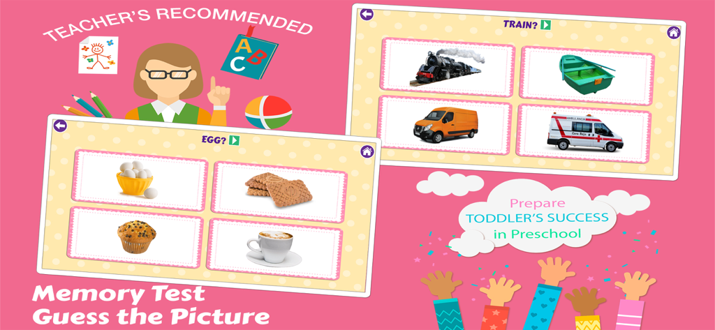 Pre K Preschool Learning Games - Preschool learning games app interface showing memory test and picture guessing activities for toddlers