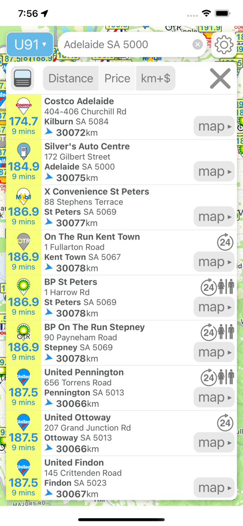 A list of petrol stations and real-time fuel prices in Adelaide displayed within the Petrol Spy Australia mobile app.