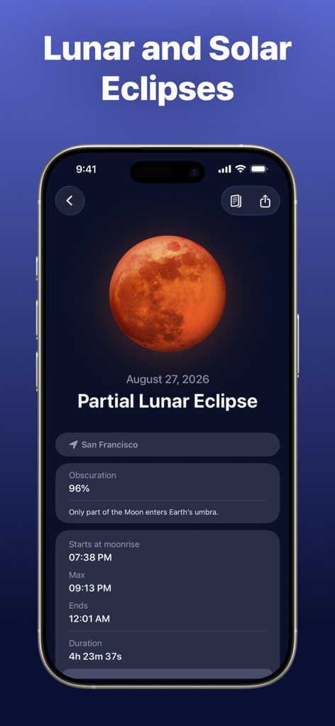 Moonlitt app interface displaying detailed information and a blood moon visual for a partial lunar eclipse.