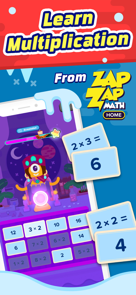 Multiplication Flash Cards App - Multiplication Flash Cards app gameplay showing interactive math problems and educational character animation