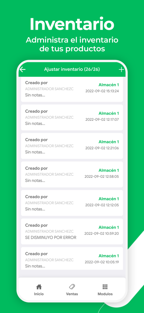 Ventas CLOUD - Captura de pantalla de la aplicación Ventas CLOUD que muestra la pantalla de gestión de inventario con registros de ajustes y actualizaciones de stock.