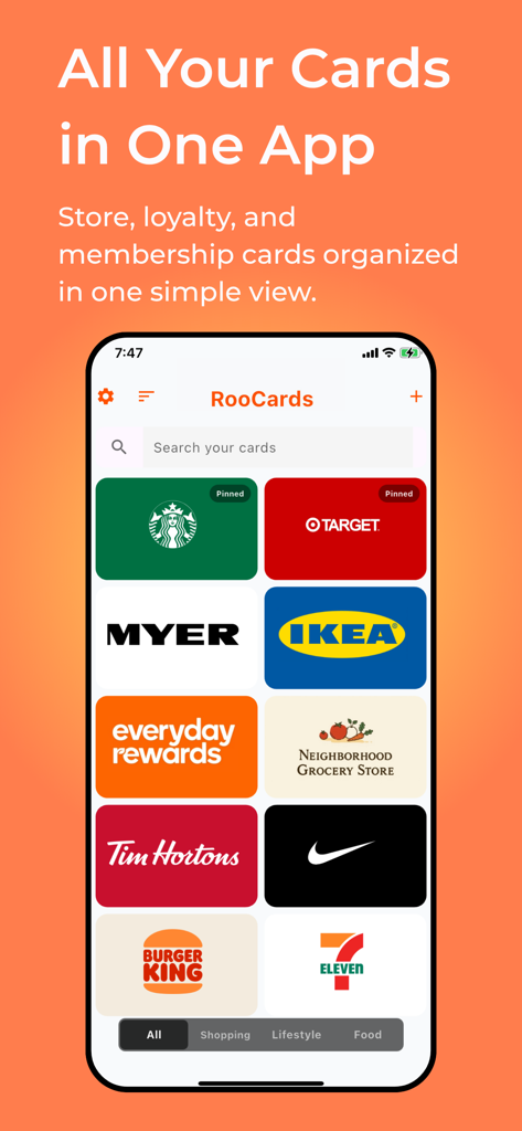Store Card - All in One App - Digital wallet app interface showing a collection of organized loyalty and membership cards from various retailers on an iPhone.