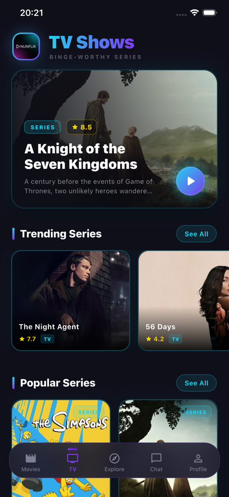 Interfaz de la aplicación NunFlix que muestra una lista curada de series de televisión populares y de moda en modo oscuro.