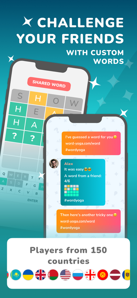 Word Yoga - Unlimited & Daily - Word Yoga app showing a word puzzle challenge and a chat interface for sharing results with friends across 150 countries