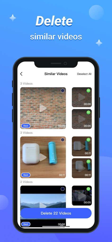 A mobile interface for the Powerful Cleaner app showing groups of similar videos and a button to delete them for storage optimization