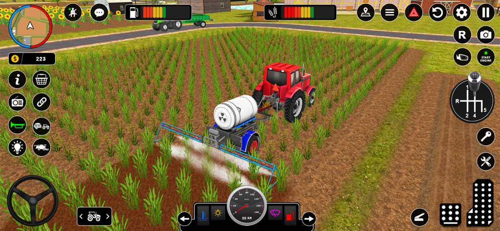 Real Tractor Farming Game - Um trator vermelho pulverizando plantações em um campo com uma interface de jogo detalhada