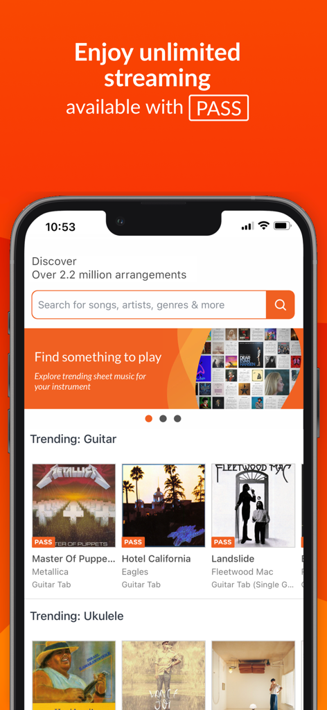 Sheet Music Direct - Sheet Music Direct app discover screen showing trending guitar and ukulele sheet music arrangements