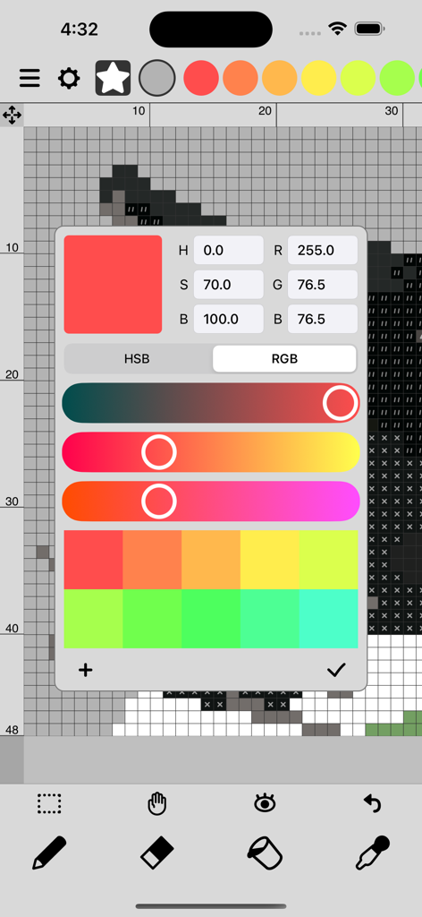 Bildschirm der Dot Marker App mit einem Farbauswahlwerkzeug für Pixelkunst und Stichmuster.