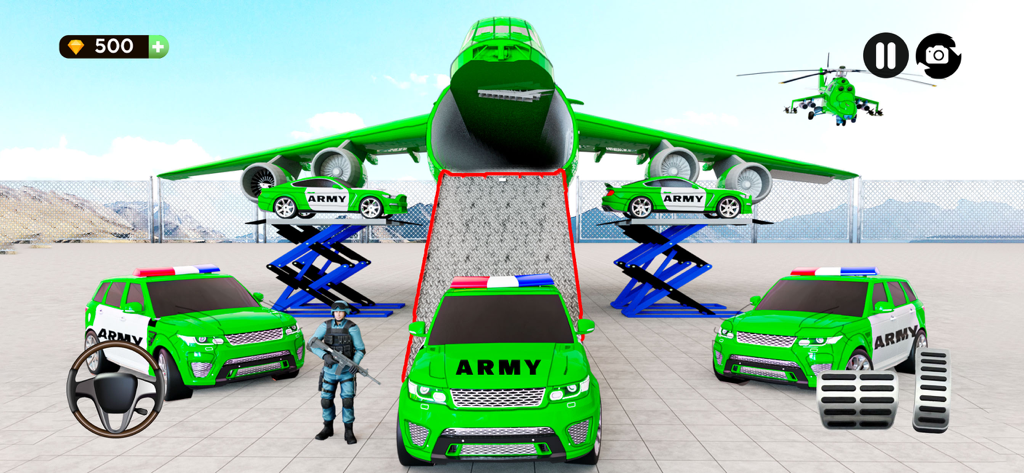 Military transport plane loading green army cars in a vehicle simulator game