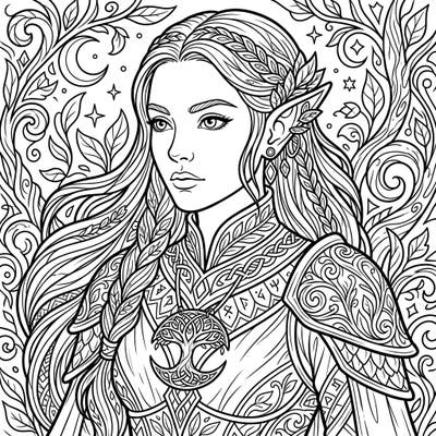 Discover the magic of this captivating adult coloring page featuring a regal elven enchantress adorned with natural motifs and mystical elements. Its detailed design promises hours of mindful coloring and creative expression.