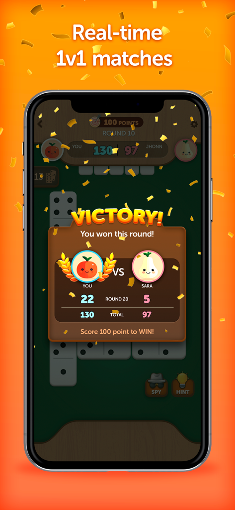 Victory screen showing the winner of a real-time 1v1 domino match with final scores.