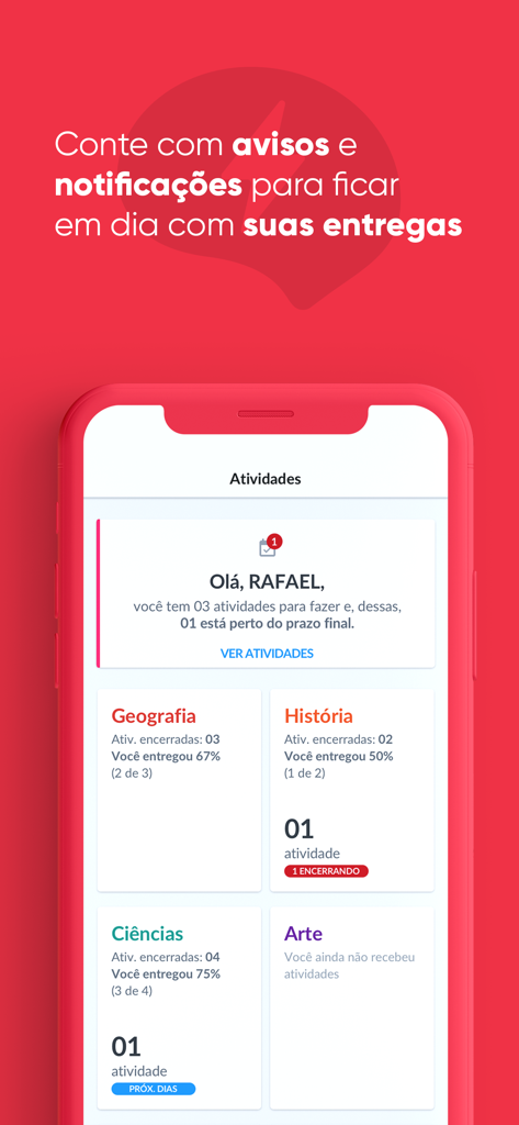 Painel do app Geekie One exibindo atividades escolares e progresso das matérias para alunos