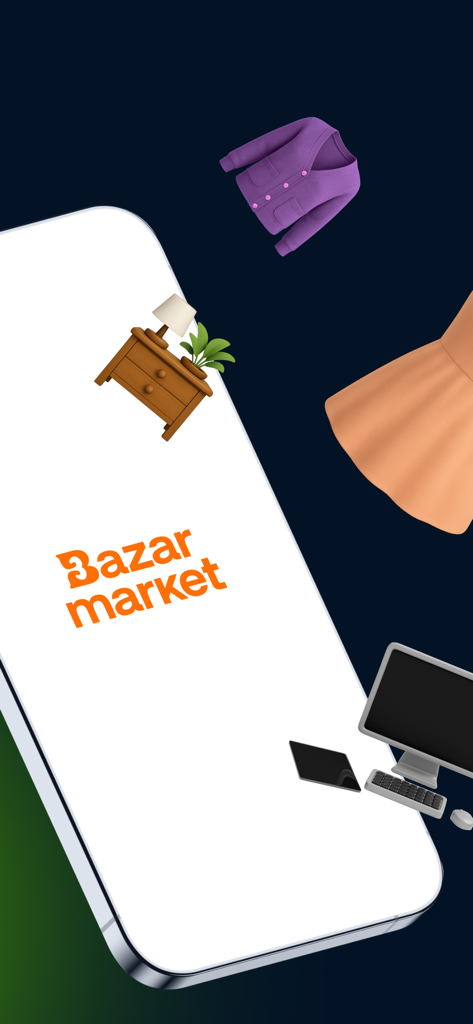 Logo de la aplicación Bazar Market en la pantalla de un smartphone rodeado de iconos 3D de ropa, muebles y electrónica