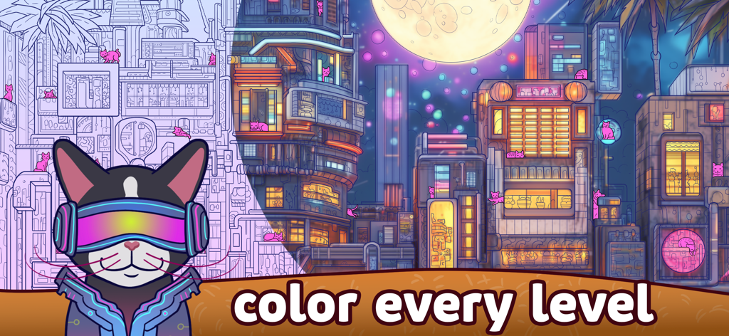 Hidden Cat 2: find the object - Captura de tela de Hidden Cat 2 mostrando uma cena de cidade desenhada à mão sendo colorida como recompensa por encontrar objetos