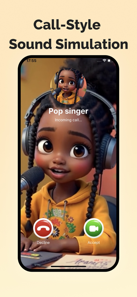 A screenshot of the SoundJoy app showing a fake incoming call simulation from a cartoon pop singer character.