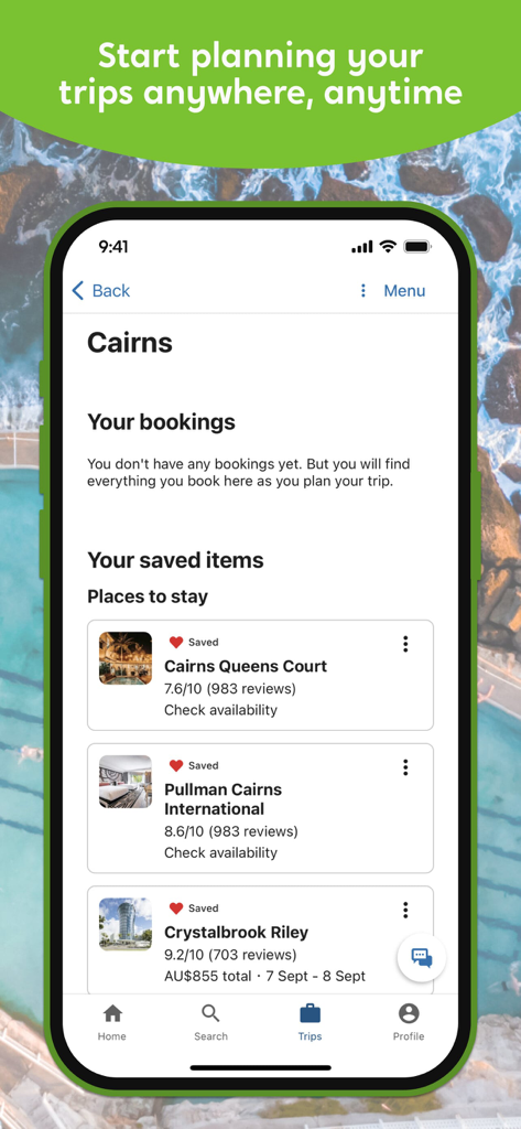 Wotif Hotels & Flights - Wotif app showing saved hotels in Cairns Australia