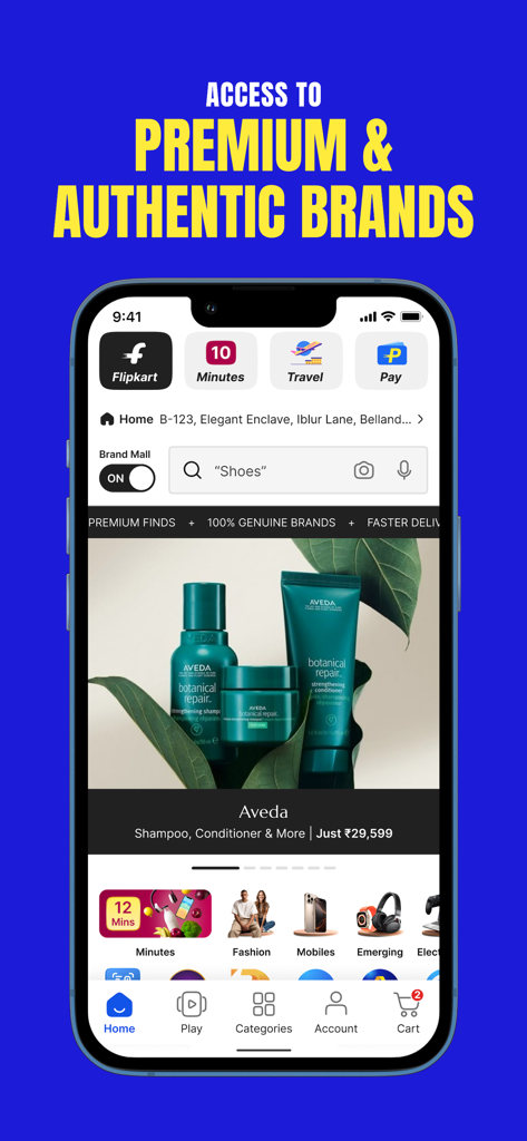 Flipkart - Online Shopping App - Flipkart 앱 화면으로, Brand Mall 섹션의 프리미엄 브랜드를 표시합니다.