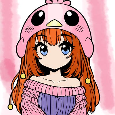 anime girl with chick shaped hat with sweater with bare shoulders with bangs covering them one eye with low tail