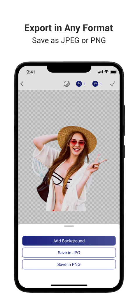Cut Paste Photo AI Eraser - Smartphone screen showing a photo of a woman with the background removed and options to save as JPEG or PNG