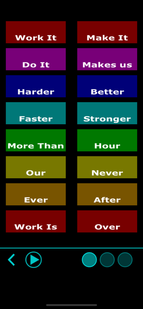 Colorful soundboard interface with lyrics from the song Harder Better Faster Stronger on rectangular buttons
