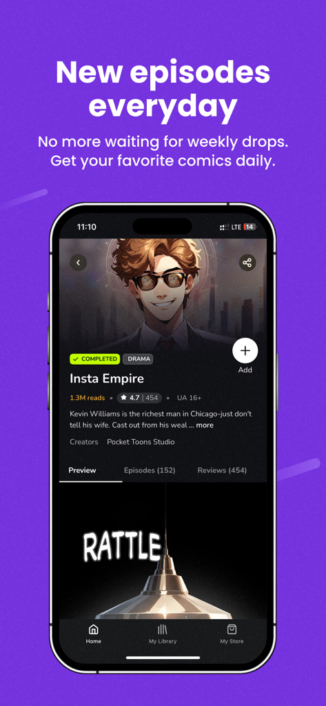 Pocket Toons: Webtoons & Manga - Smartphone displaying the Pocket Toons app with a drama webtoon called Insta Empire and text highlighting daily new episodes