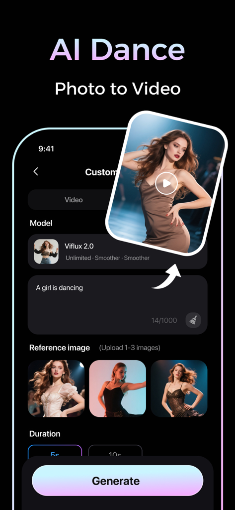 Viflux - AI Photo & AI Video - Interface of Viflux app showing the AI Dance feature to convert photos into videos using prompts and reference images