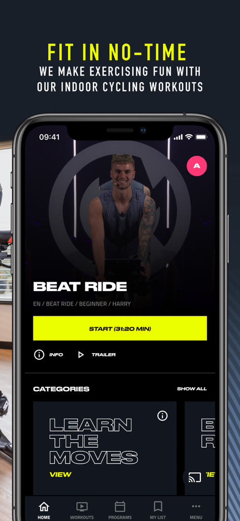 CycleMasters app interface showing a Beat Ride indoor cycling workout.