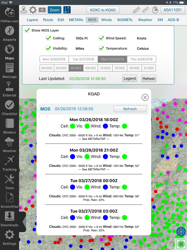 FltPlan Go - FltPlan Go iPad application displaying MOS weather forecast data on a flight map