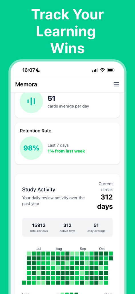 Memora: Study App & Flashcards - Memora app dashboard showing study analytics, a 312 day streak, and learning progress tracking