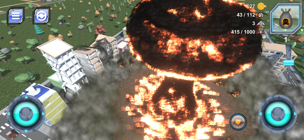 A massive nuclear explosion destroying buildings in a city simulation game
