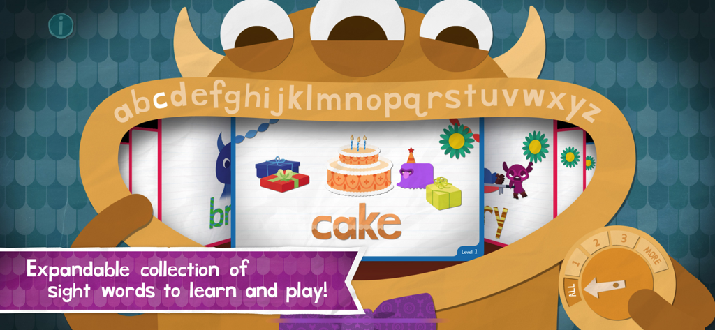 Interfaz de la aplicación Endless Reader que muestra un personaje monstruo con una colección desplazable de tarjetas de palabras de uso frecuente que incluyen 'cake' (pastel).