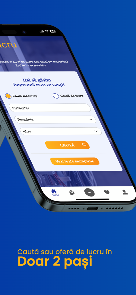 Interfaz de la app DeLucru para buscar empleos y servicios locales en rumano.