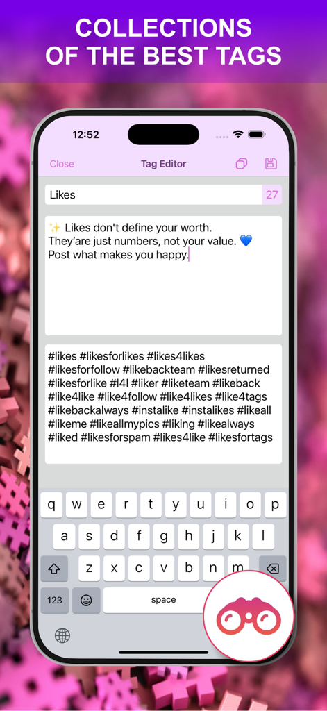 Get Followers & Boost Likes - iPhone screen showing a tag editor with social media hashtags and a customizable caption