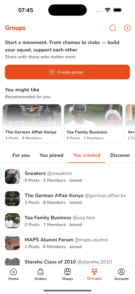 Interface of the Nikela app showing the Groups section with options to create and join community squads or chamas
