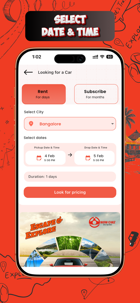 Wowcarz -Self drive car rental - 자가 운전 렌터카를 위한 도시 및 날짜 선택을 보여주는 Wowcarz 앱 화면