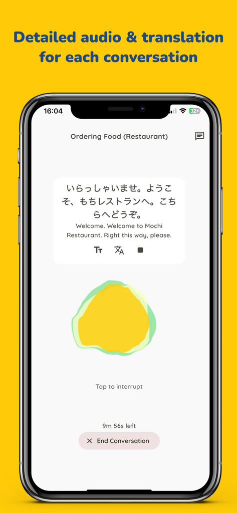 Una pantalla móvil que muestra una conversación en japonés sobre pedir comida con traducción al inglés y controles de audio.