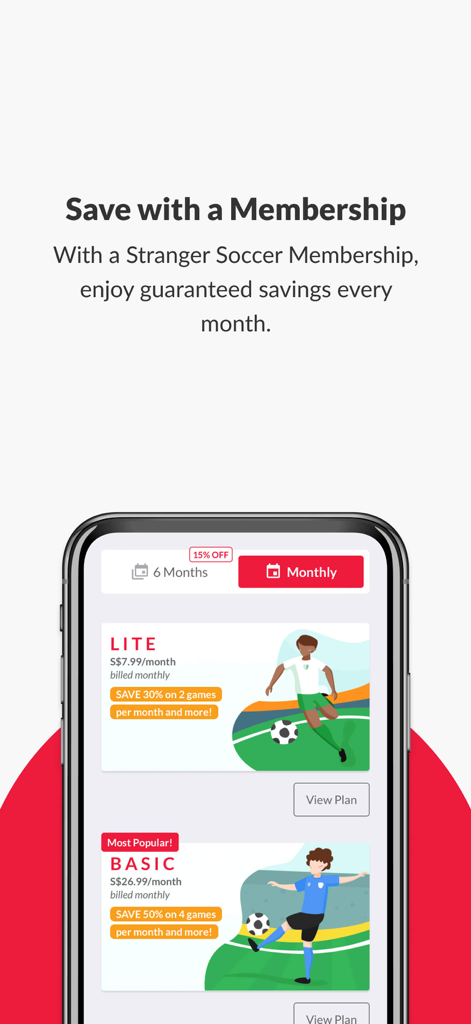 Stranger Soccer app membership screen showing Lite and Basic subscription plans with monthly savings