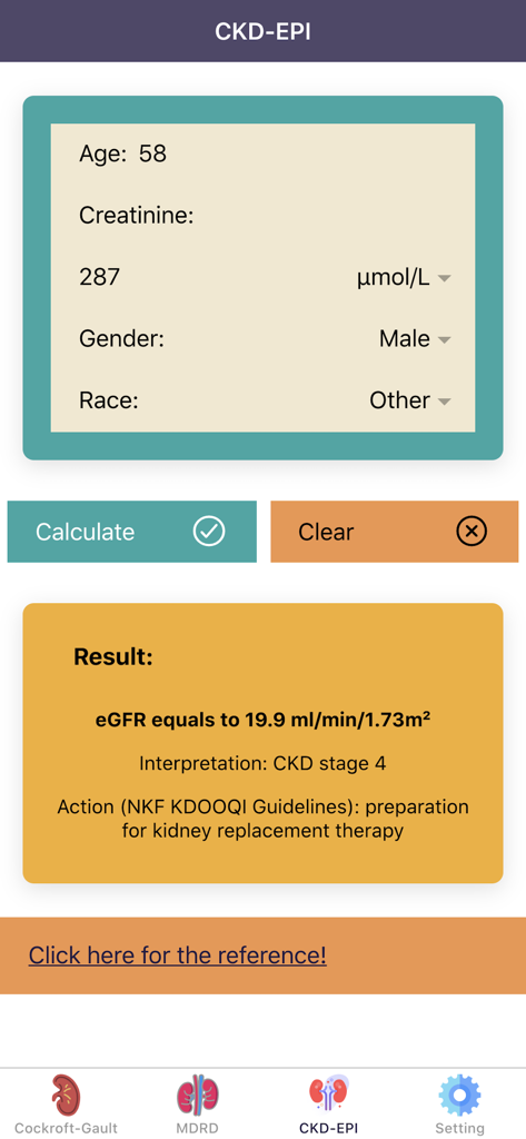 eGFR Calculators Pro app interface showing a CKD-EPI result for Chronic Kidney Disease Stage 4.