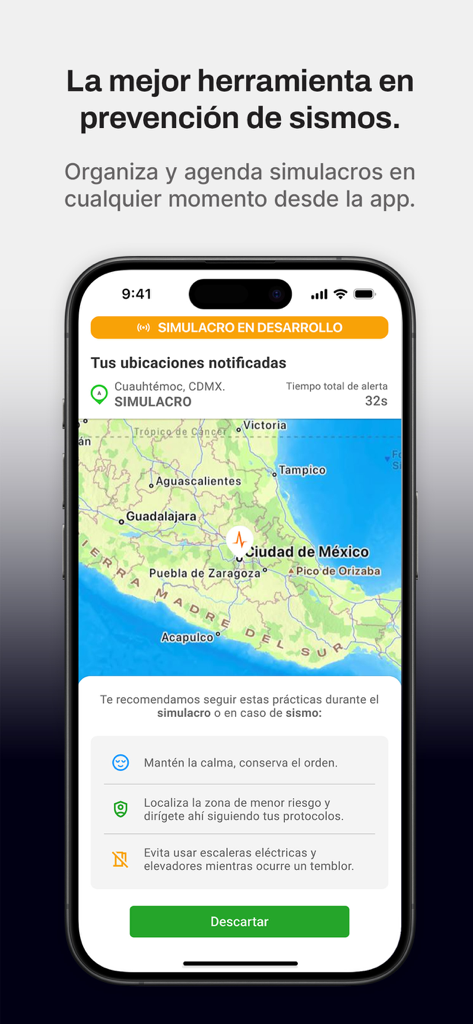 SkyAlert app interface showing an earthquake drill simulation on a map of Mexico with safety protocols.