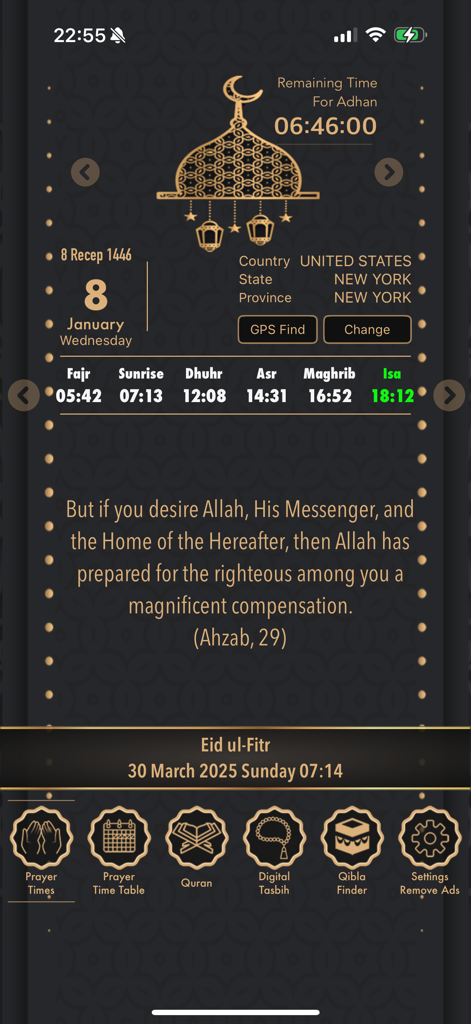 Interface of the Muslim Prayer Times app displaying daily prayer schedules for New York and an Adhan countdown timer.