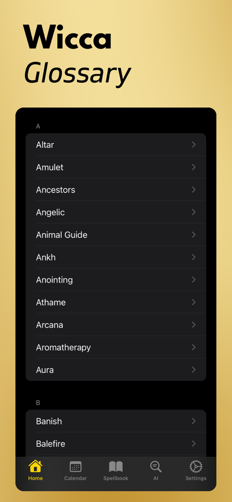 Wicca: Witchcraft & Spells - Wicca app glossary showing a list of spiritual and witchcraft terms
