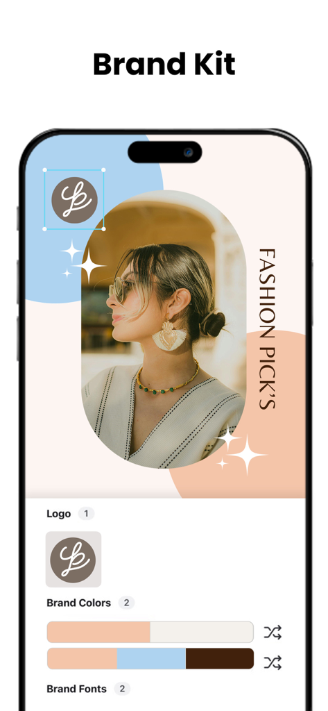 Oberfläche der Promeo-App, die die Brand Kit-Funktion mit Logo-Upload, Farbauswahl und Schriftartanpassung für einen Mode-Social-Media-Post zeigt.