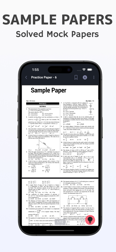 NEET: Past Solved Papers - A mobile interface showing a NEET exam sample physics paper with solved mock test questions
