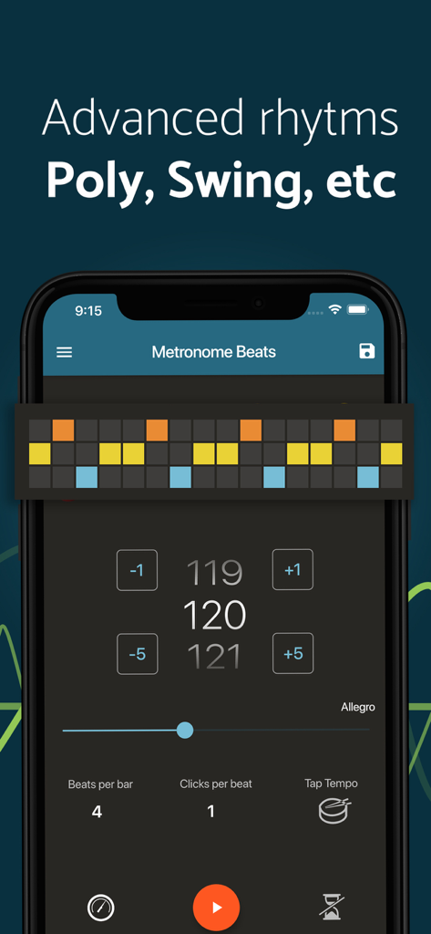 Metronome Beats Pro app interface displaying advanced rhythm settings and polyrhythm visualization
